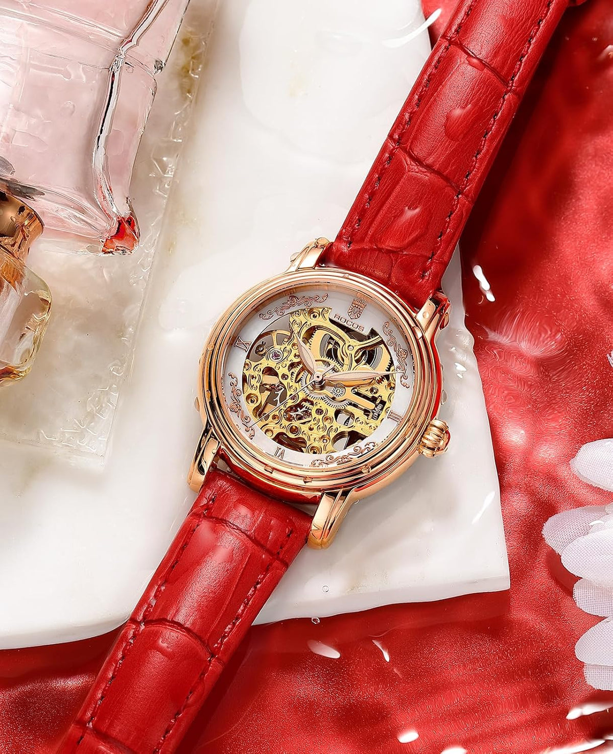 ROCOSJEWE Reloj de pulsera automático mecánico de lujo para mujer, esfera esqueletizada en oro rosado, manecillas luminiscentes, correa de cuero roja, reloj de vestir de moda para mujer, reloj esqueletizado autofaciente resistente al agua, regalo para