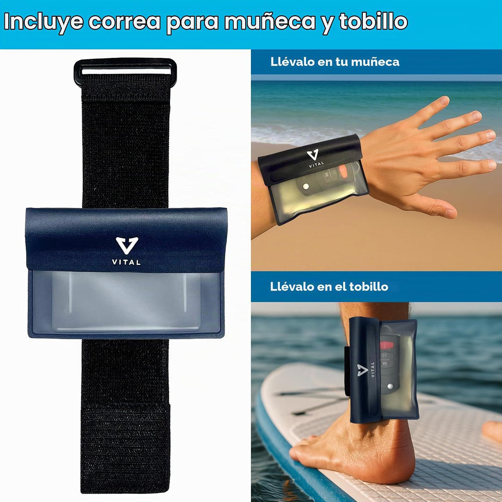 VITAL Cartera impermeable para nadar – Pequeña bolsa impermeable para llaves – Sumergible, flotante, a prueba de lluvia y agua, para surfear, llavero de coche, bolsa seca con correa para muñeca y tobillo