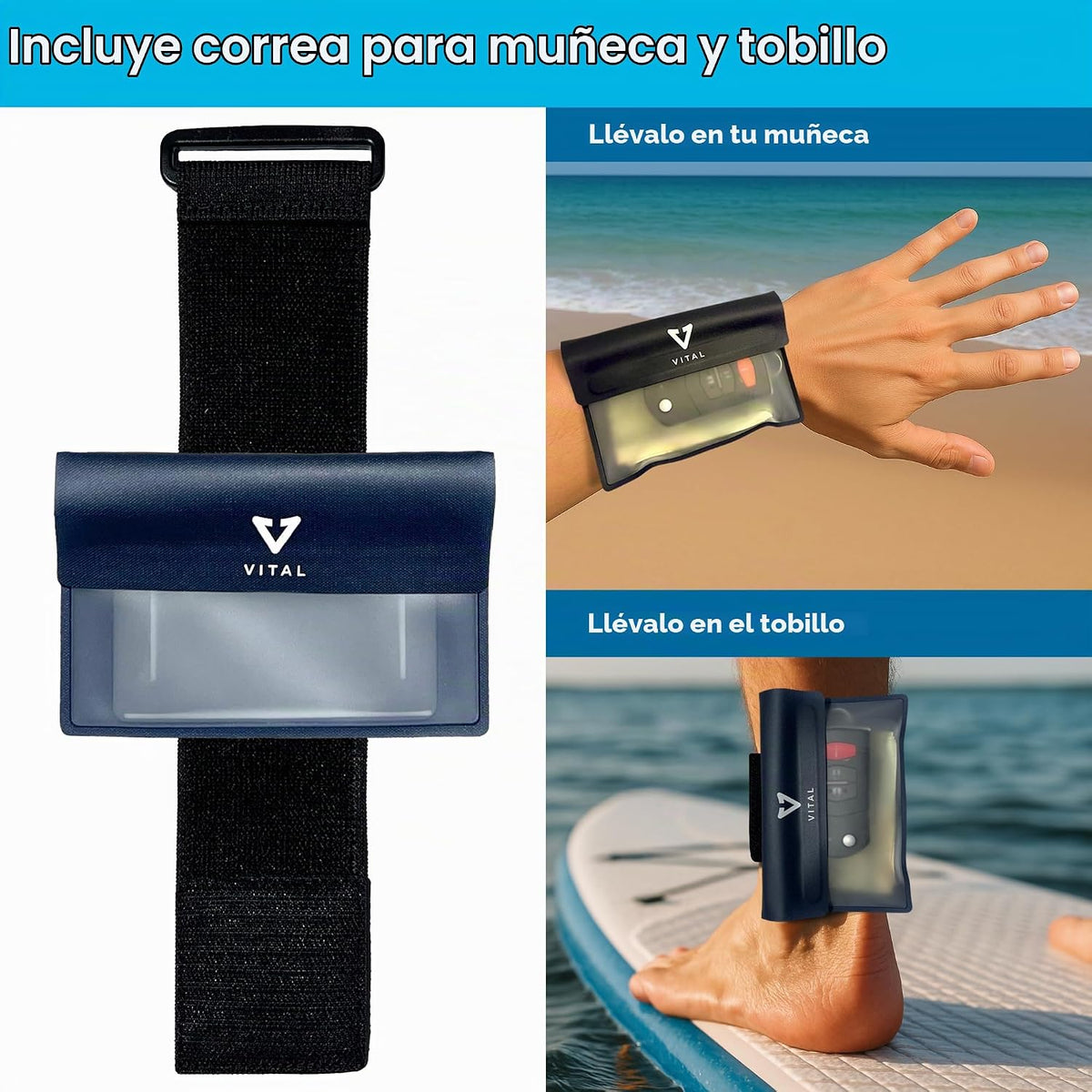 VITAL Cartera impermeable para nadar – Pequeña bolsa impermeable para llaves – Sumergible, flotante, a prueba de lluvia y agua, para surfear, llavero de coche, bolsa seca con correa para muñeca y tobillo