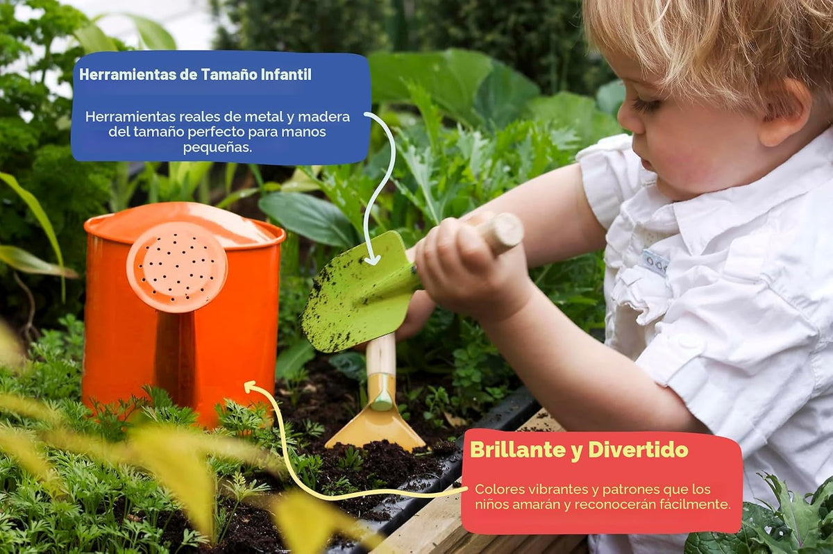 Juego de Jardinería, Kit de Herramientas, para Niños, STEM, Incluye Bolsa de Transporte, Pala, Regadera, Rastrillo, Horquilla, Paleta y Guantes (Sunshine)