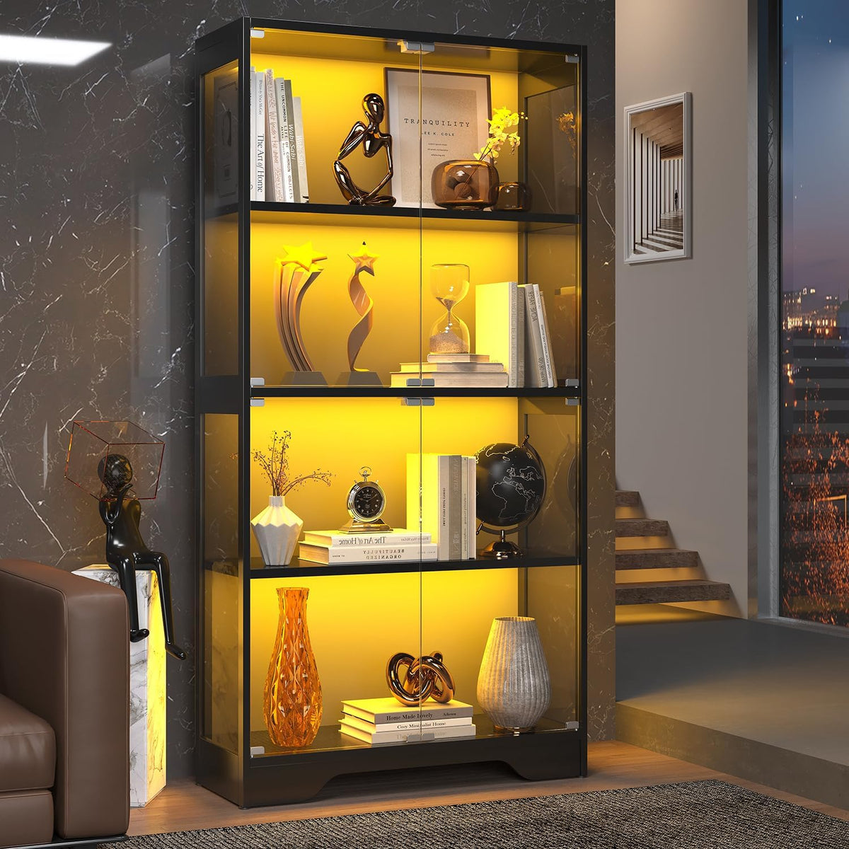 knoworld - Vitrina con puertas de cristal y luces LED RGB, color, Negro