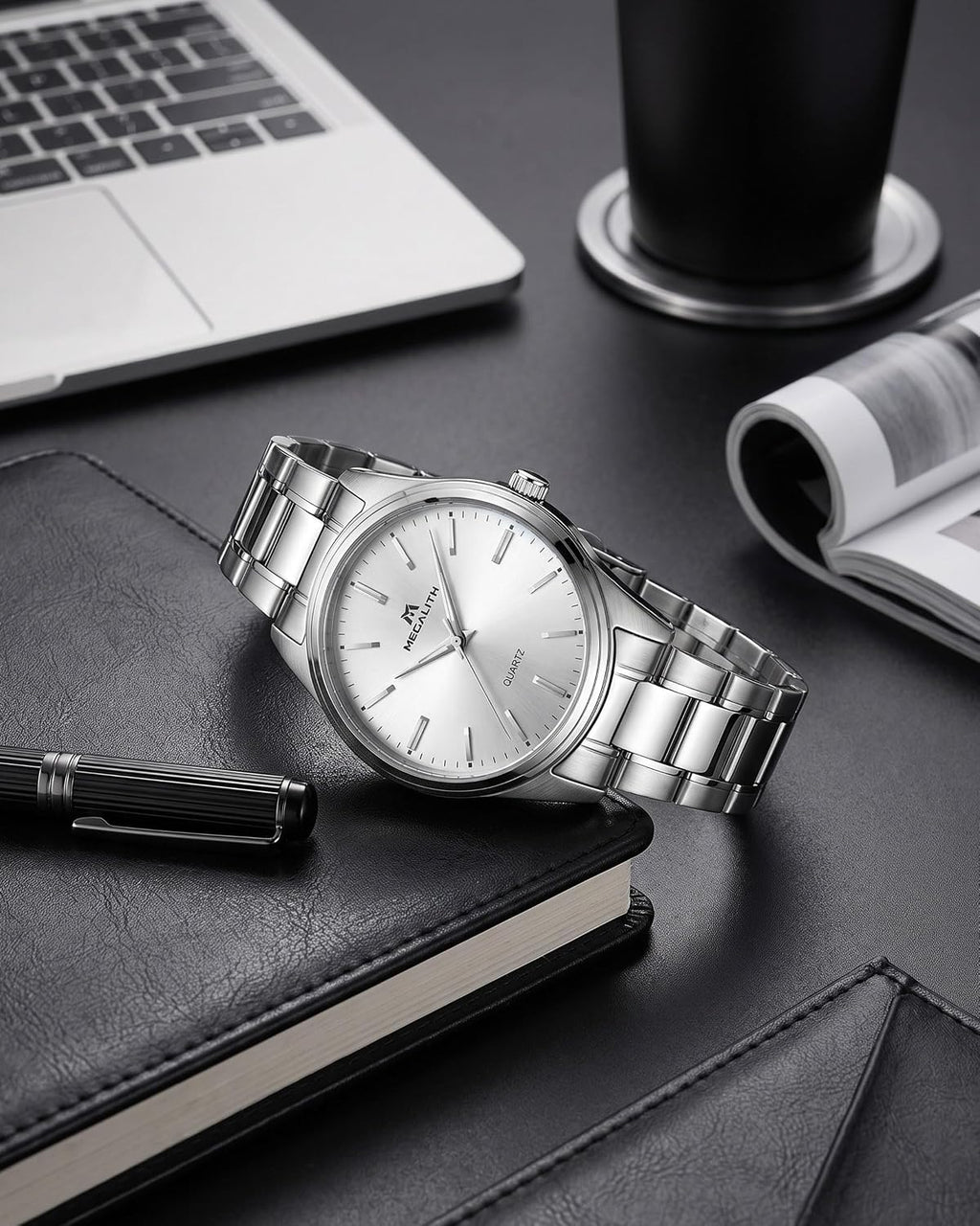 Reloj de hombre MEGALITH plateado: reloj de vestir delgado de lujo con esfera minimalista