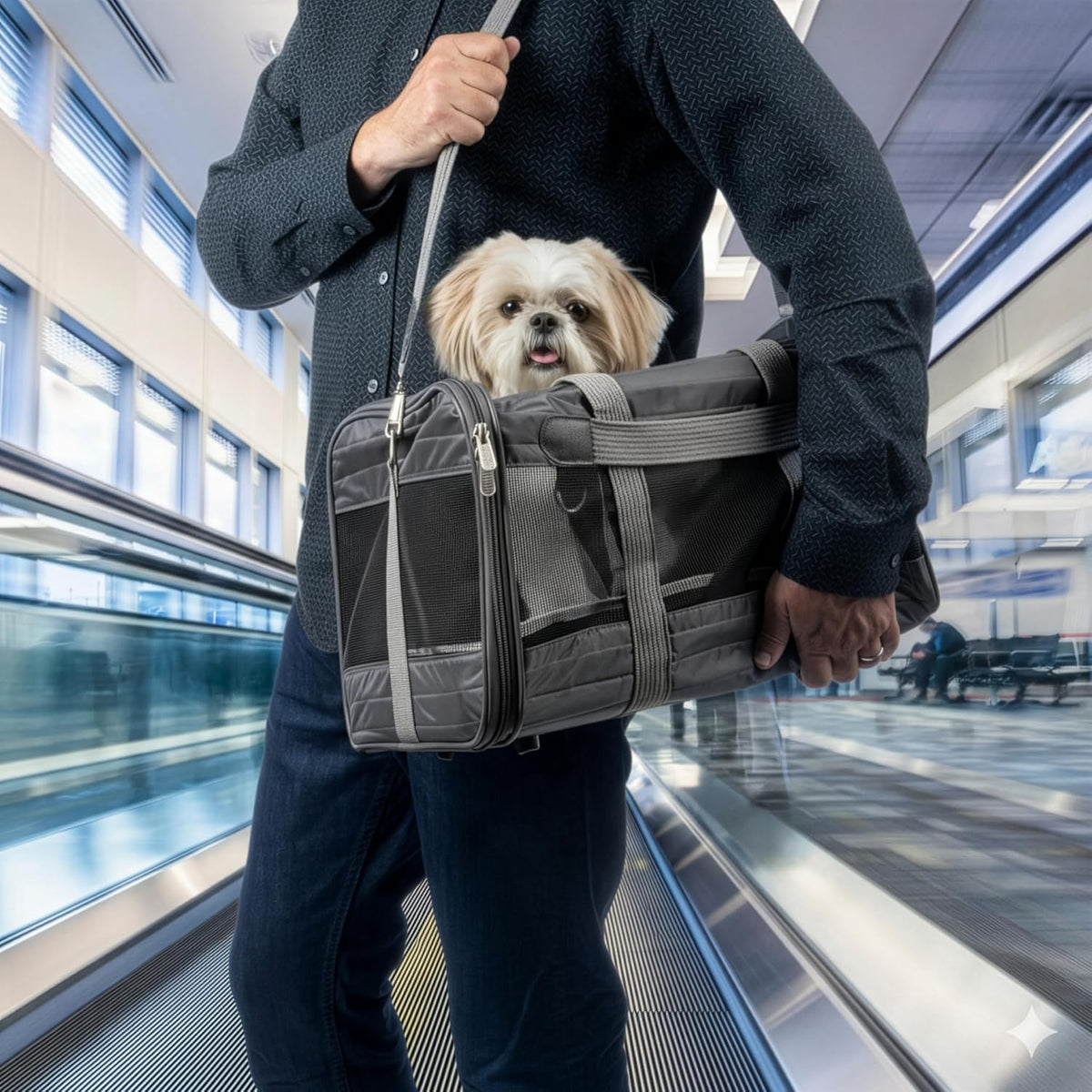 Sherpa Transportador de mascotas aprobado por aerolíneas con marco de alambre de resorte, transportador de gatos y perros para viajes de aerolíneas y visitas al veterinario, ventilación de malla, cremalleras de bloqueo, gris carbón, grande