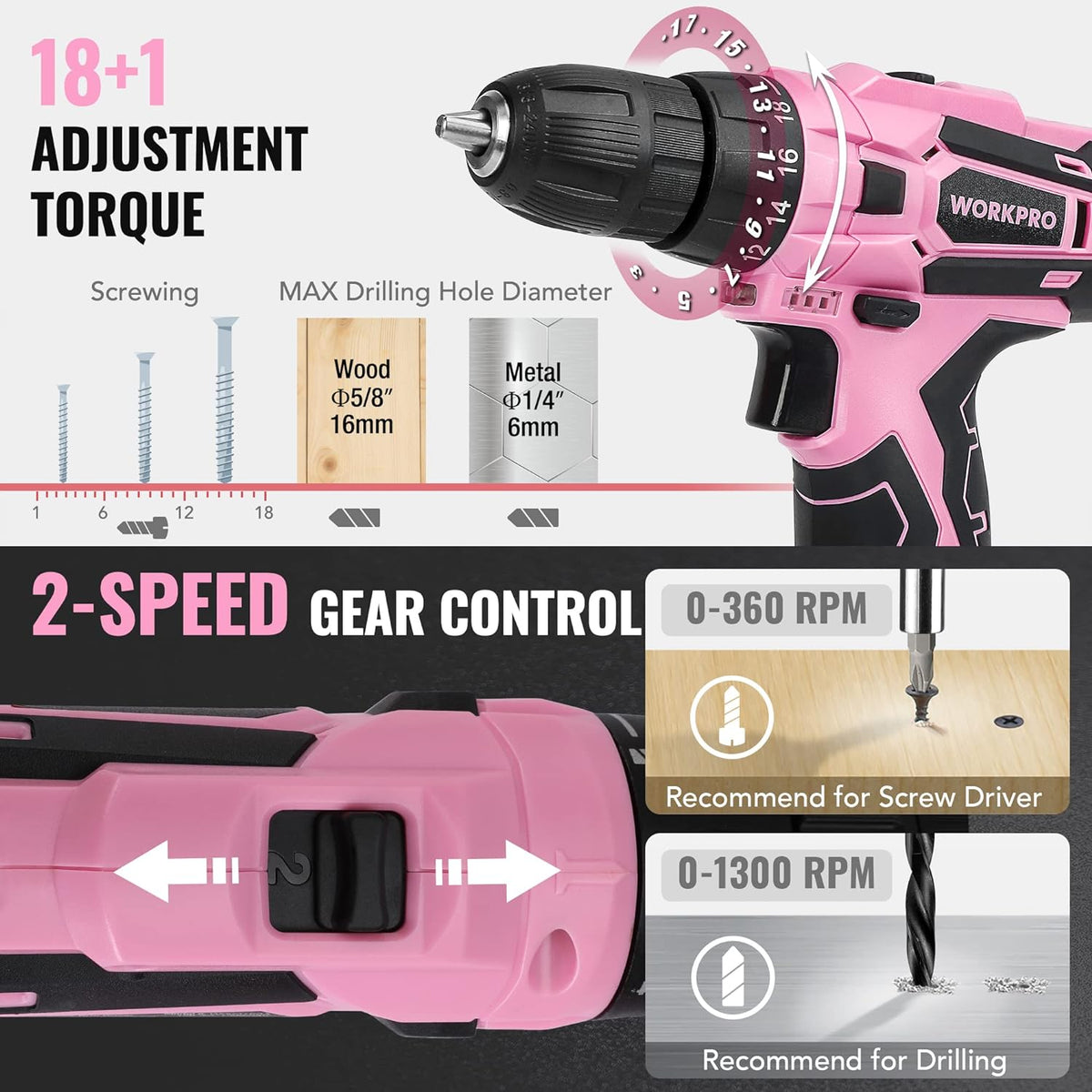 WORKPRO Juego de taladro rosa inalámbrico de 12 V para mujeres