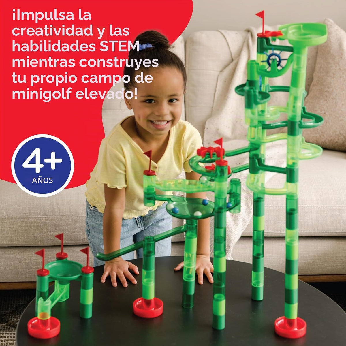 MindWare Marble Run Mini Golf – Juguetes de construcción para niños de 4 a 8 años – Giro único en la carrera clásica de canicas para niños de 4 a 8 años – Laberinto de mármol incluye 75 piezas de pista, 20 canicas y nuevos componentes emocionantes