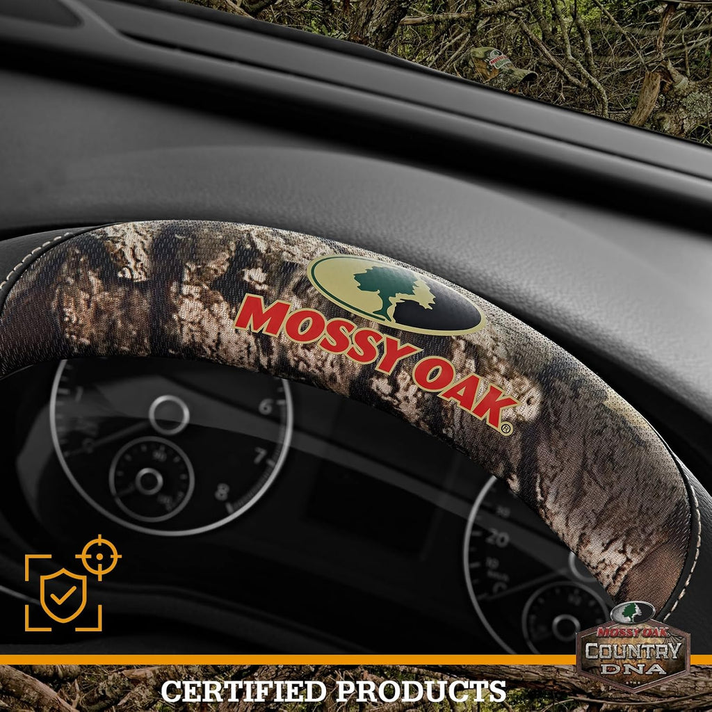 Mossy Oak Funda de volante de camuflaje completa, hecha de cuero de primera calidad, ajuste universal para 14 1/2 a 15 pulgadas, producto oficial con licencia, color negro