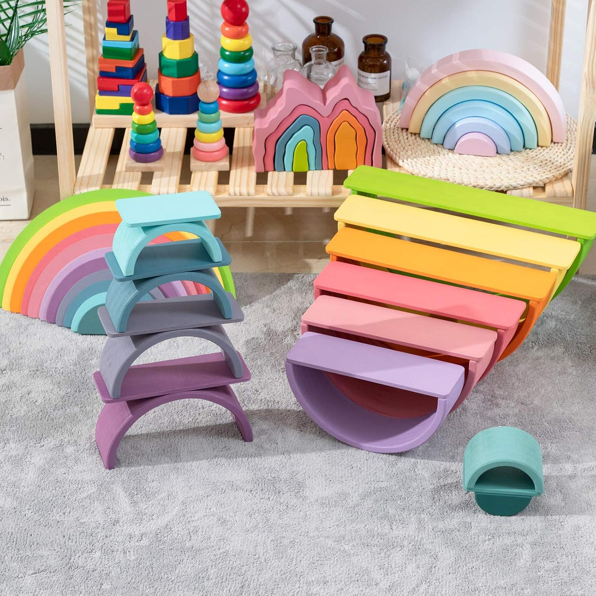 Juguete apilable de madera de arco iris, apilador de 12 piezas, bloques de construcción de rompecabezas de anidación extragrandes, juguetes educativos para niños pequeños