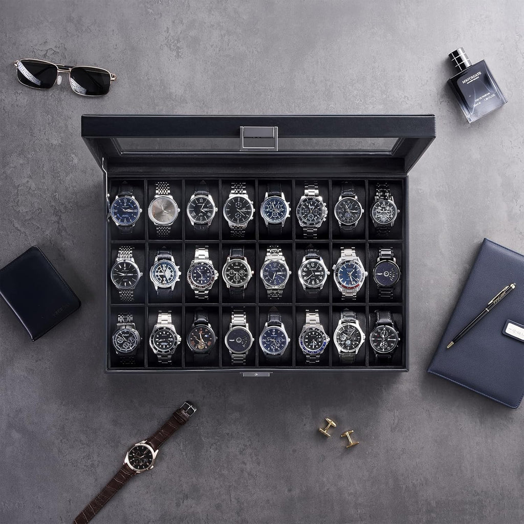 ProCase Caja de reloj para hombre, vitrina de 24 ranuras con tapa de vidrio