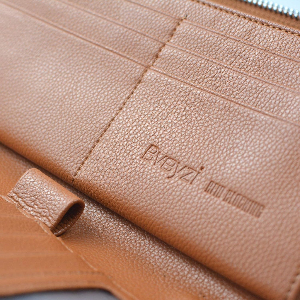 Bveyzi Cartera de piel con bloqueo RFID para mujer, con cremallera alrededor del teléfono, embrague de gran capacidad, bolso de viaje para mujer