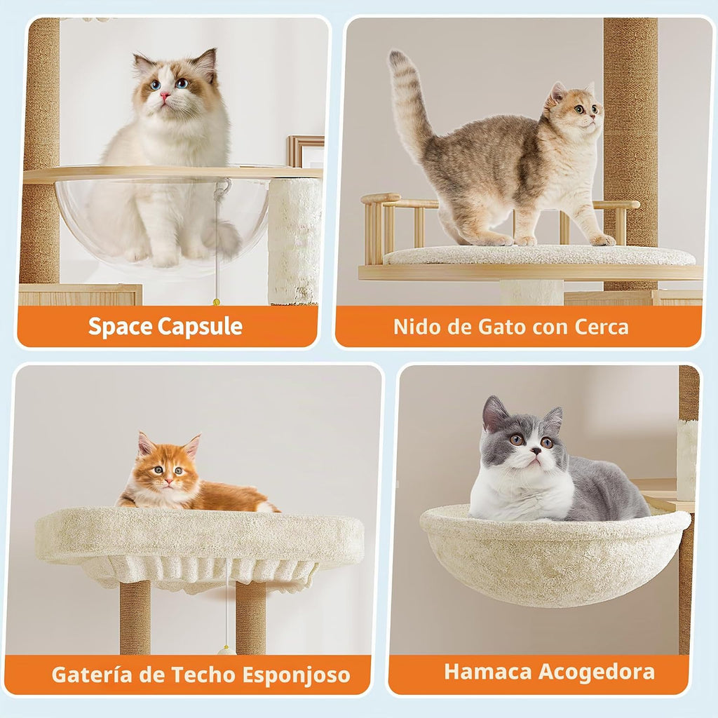 Árbol para gatos con caja de arena, torre para gatos de varios niveles con muebles ocultos, percha superior de felpa grande, postes rascadores de sisal, condominio para gatos y hamaca para gatos de