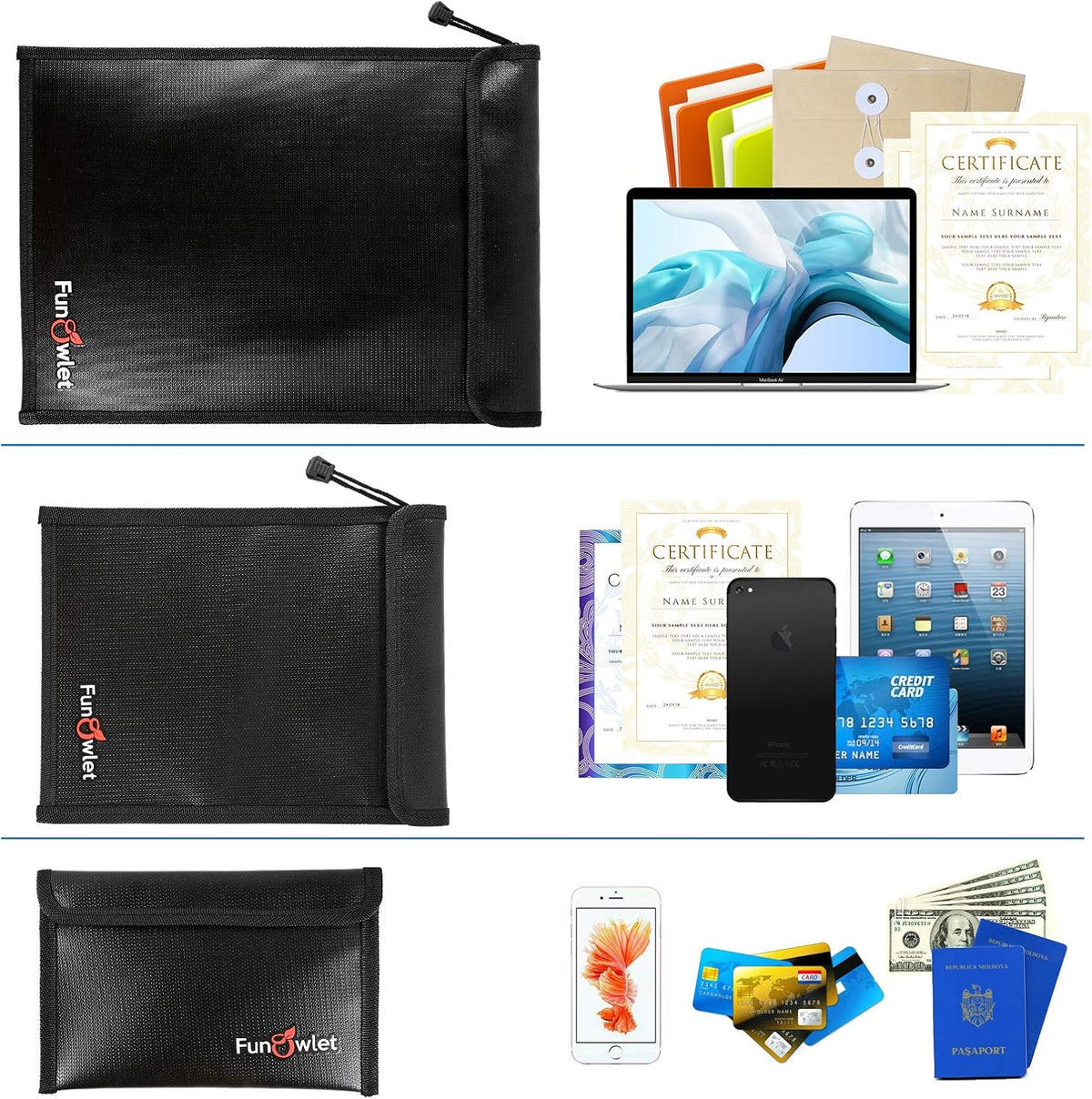Bolsa impermeable ignífuga para documentos de dinero, 3 unidades