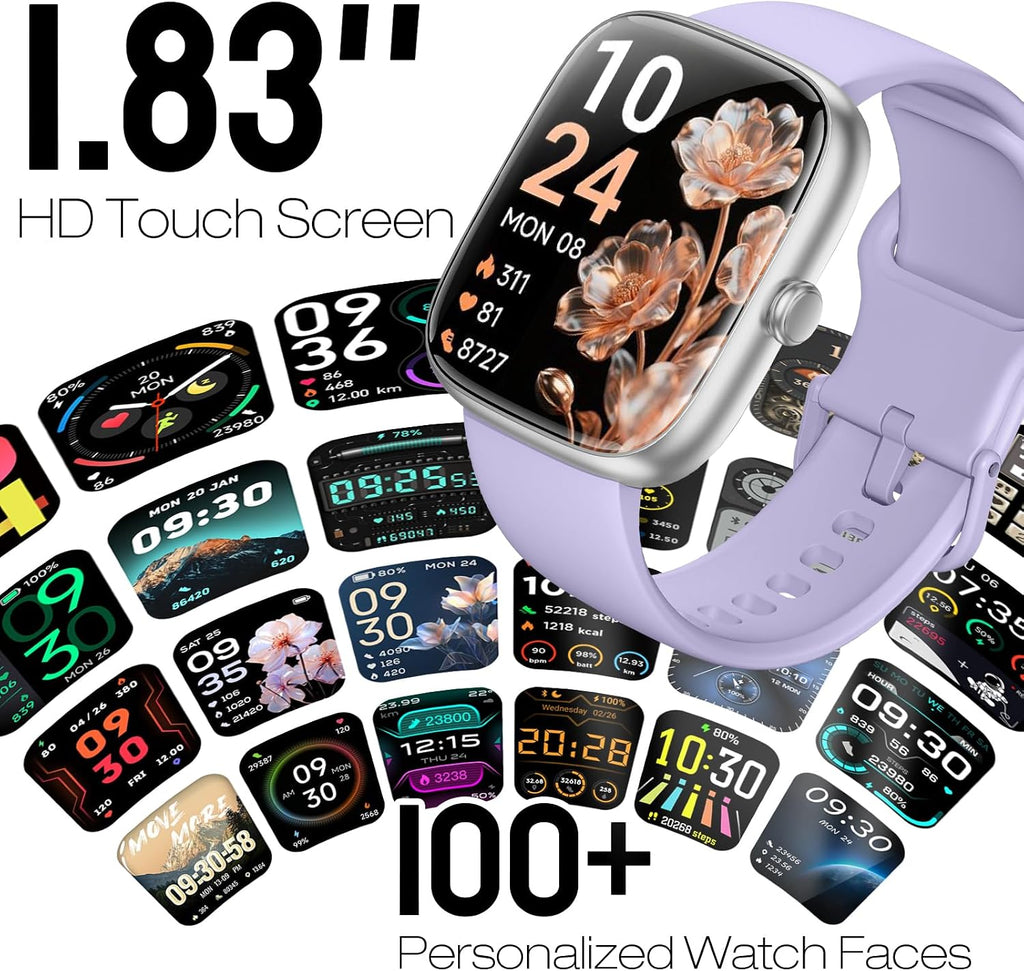 Reloj inteligente para mujer, rastreador de fitness HD de 1.83 pulgadas (respuesta/hacer llamadas) con monitor de frecuencia cardíaca 24/7/sueño/SpO2, resistente al agua IP68, más de 100 modos