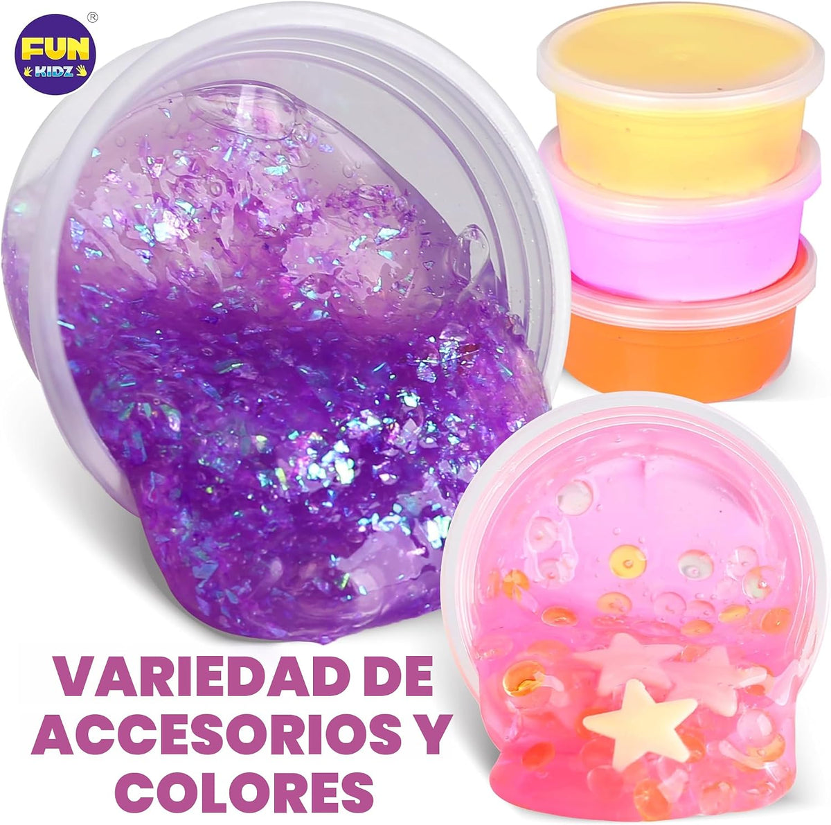 FunKidz - Kit de 33 tazas de slime jumbo para niños, paquete de slime prefabricado para bricolaje, suave, nube, transparente, mantequilla, purpurina, brillando en la oscuridad, kits de fabricación de