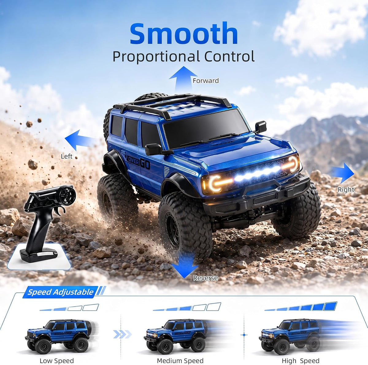 RC Rock Crawler, camión todoterreno con control remoto 4WD, velocidad ajustable y luces LED, auto RC para escalada todo terreno con bajo voltaje y protección antiparo para adultos y niños