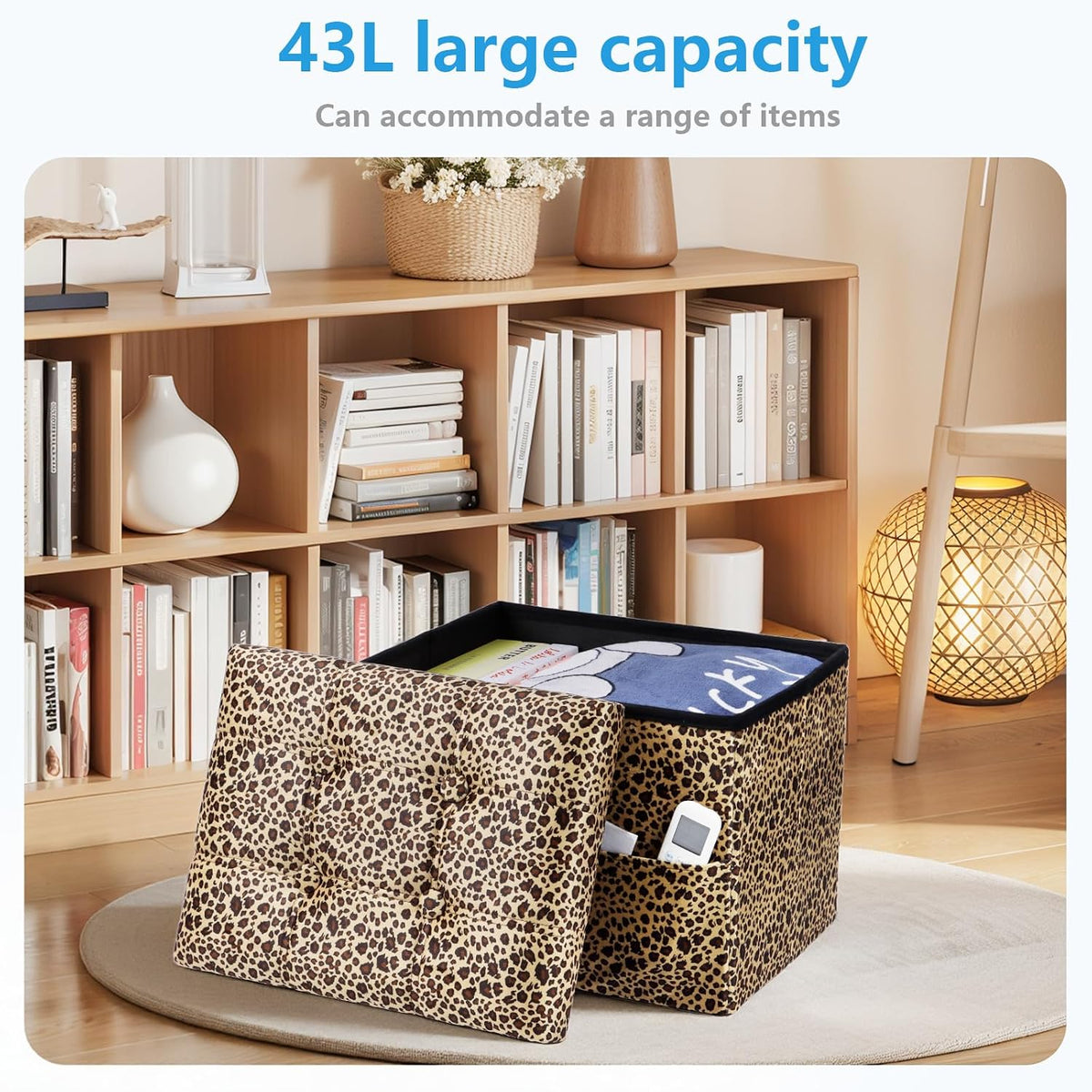AmasSmile Otomana de Almacenamiento Plegable Reposapiés con Bolsillo Lateral, Banco Reposapiés de Terciopelo de 17 pulgadas, Banco Otomana Corto, Almacén de Reposapiés de Almacenamiento, Cofre de