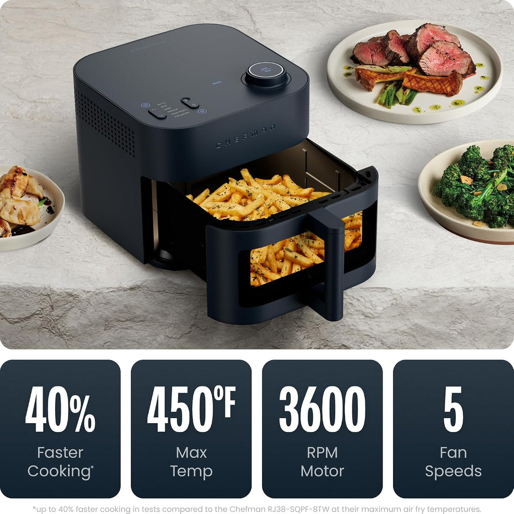 Chefman Crispinator - Freidora de aire 6 en 1 con capacidad de 8 cuartos de galón, temperatura máxima de 450 °F con tecnología TurboFry Pro para resultados rápidos y uniformes, ventana de visión