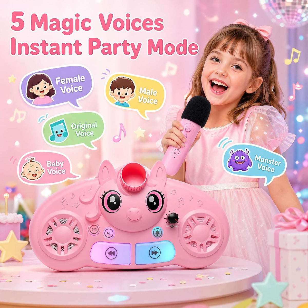Máquina de karaoke para niños con 2 micrófonos, juguete de