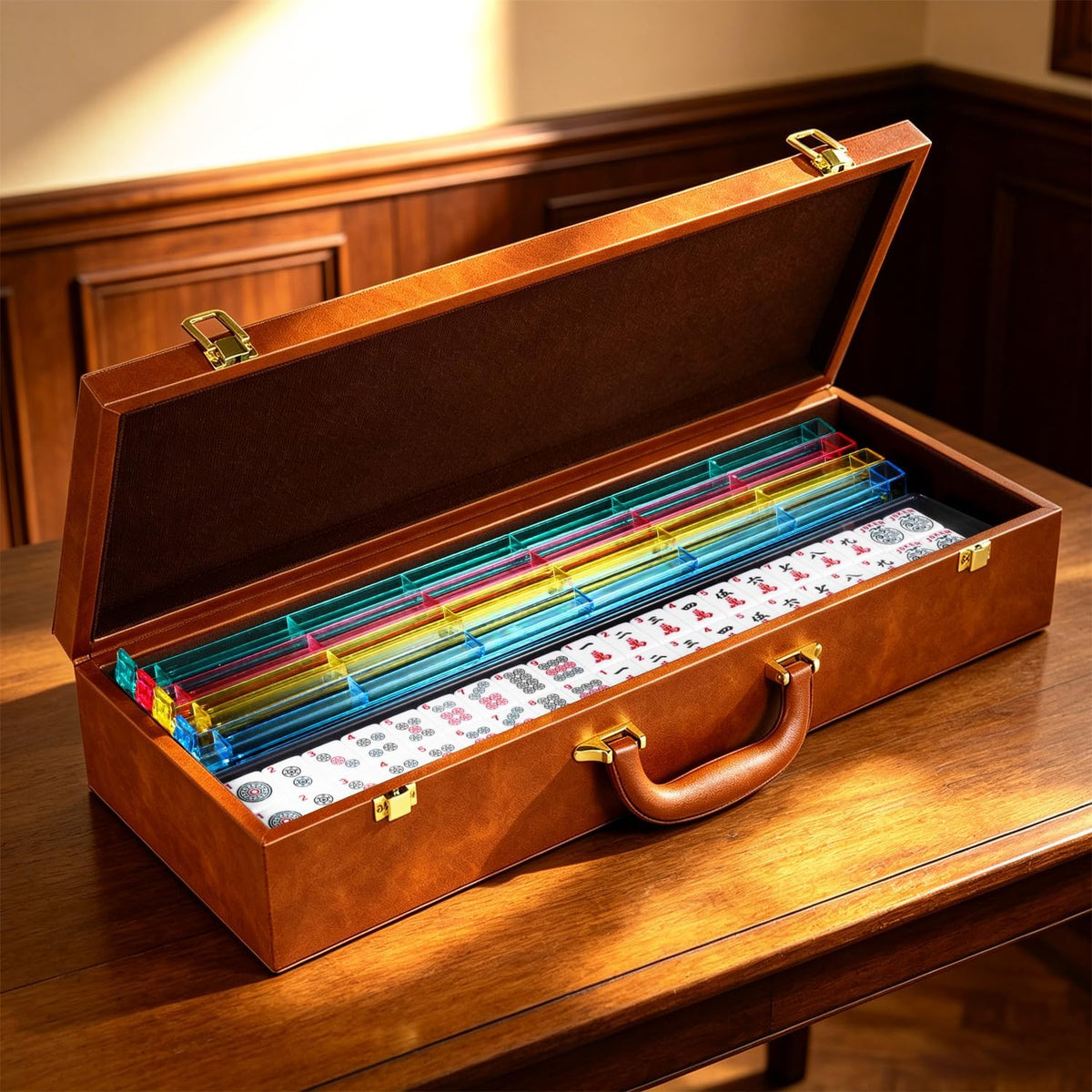 American Mahjong - Juego de maletas de cuero sintético portátil marrón, 166 azulejos blancos, 4 estantes Mahjong todo en uno con empujadores, incluye fichas y dados, juego de azulejos Travel
