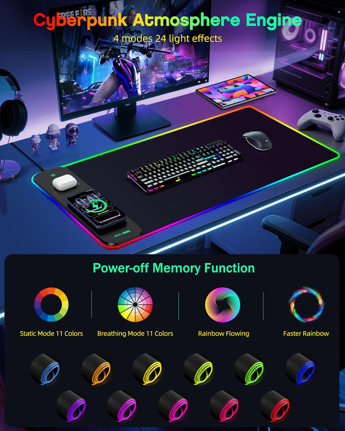 Alfombrilla de mouse magnética de carga inalámbrica para juegos, 31.5 x
