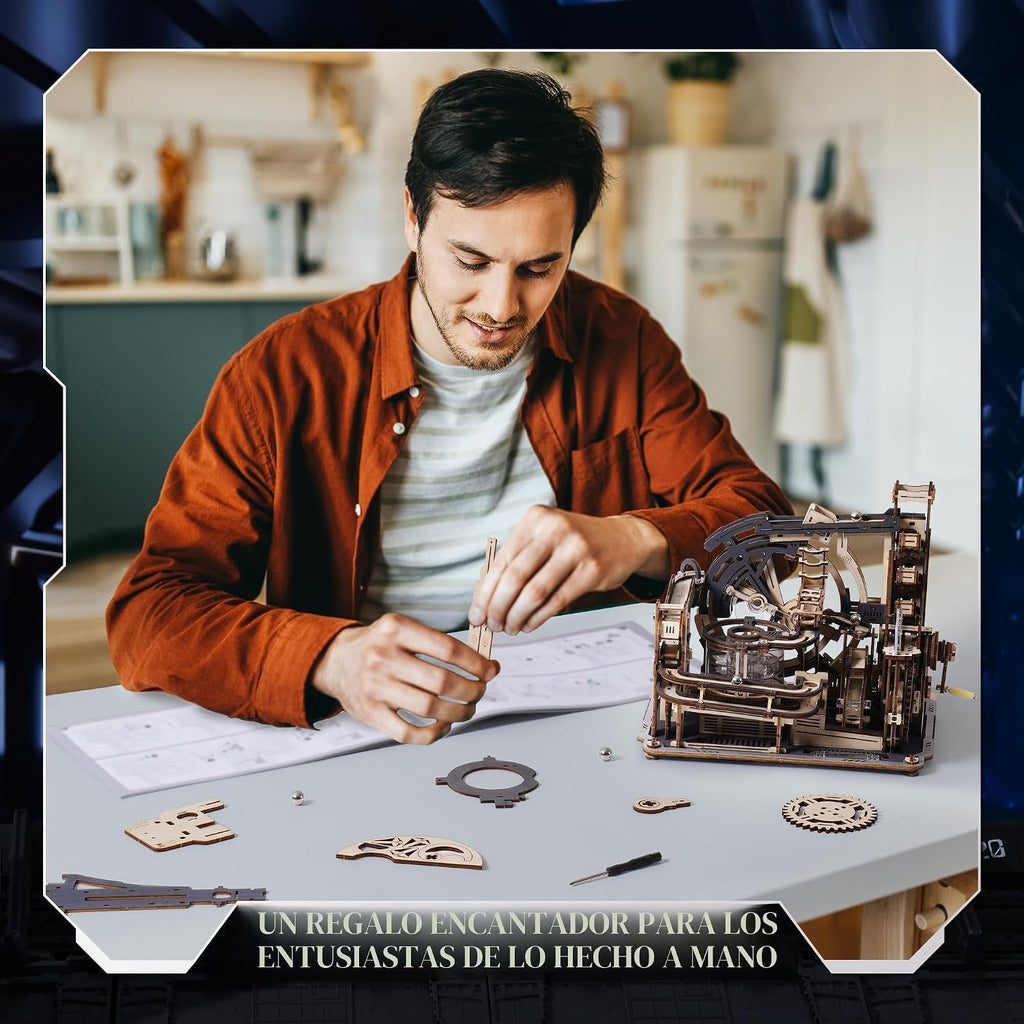 ROKR Rompecabezas 3D para adultos, kit de modelo eléctrico Marble Spaceport LGC01, 472 piezas de rompecabezas de madera con diseño de canicas, juguete de construcción, decoración de escritorio