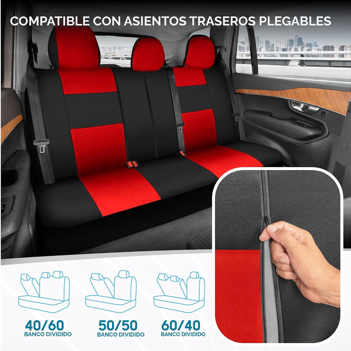 BDK PolyPro - Juego completo de fundas de asiento de coche en rojo sobre negro, fundas de asiento dividido delantero y trasero, fácil de instalar, accesorios para automóviles, camiones, furgonetas