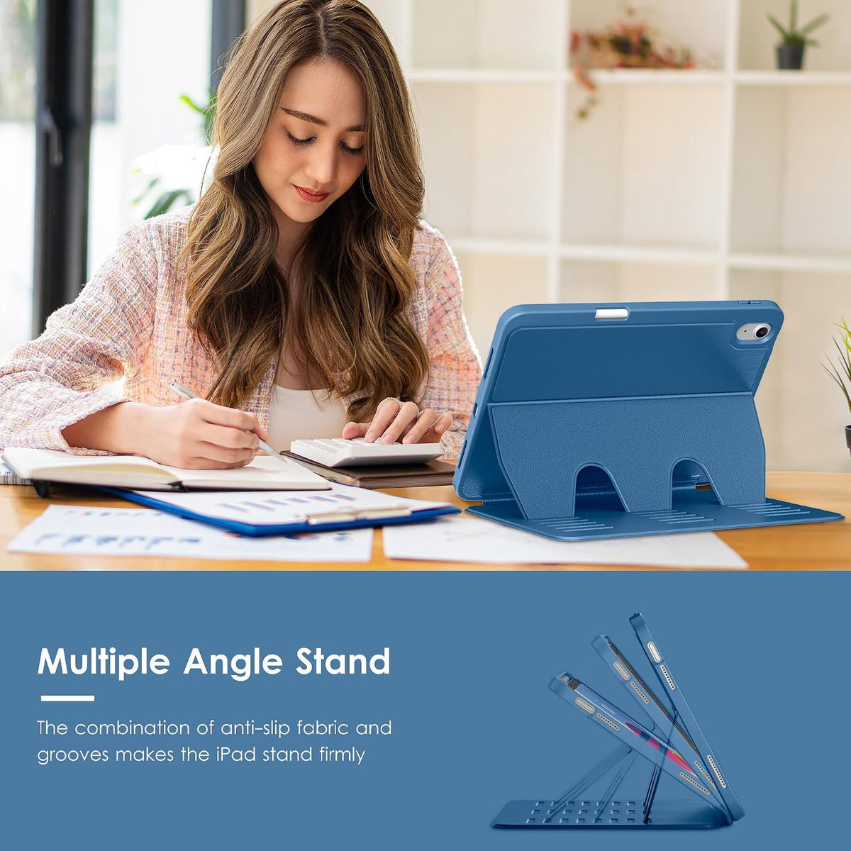 Funda para iPad (A16) de 11 pulgadas 2025 y iPad de 10ª/11ª generación de 10.9 pulgadas 2022, funda magnética con múltiples ángulos, parte trasera a prueba de golpes, soporte para lápiz y apagado y encendido automático, azul marino