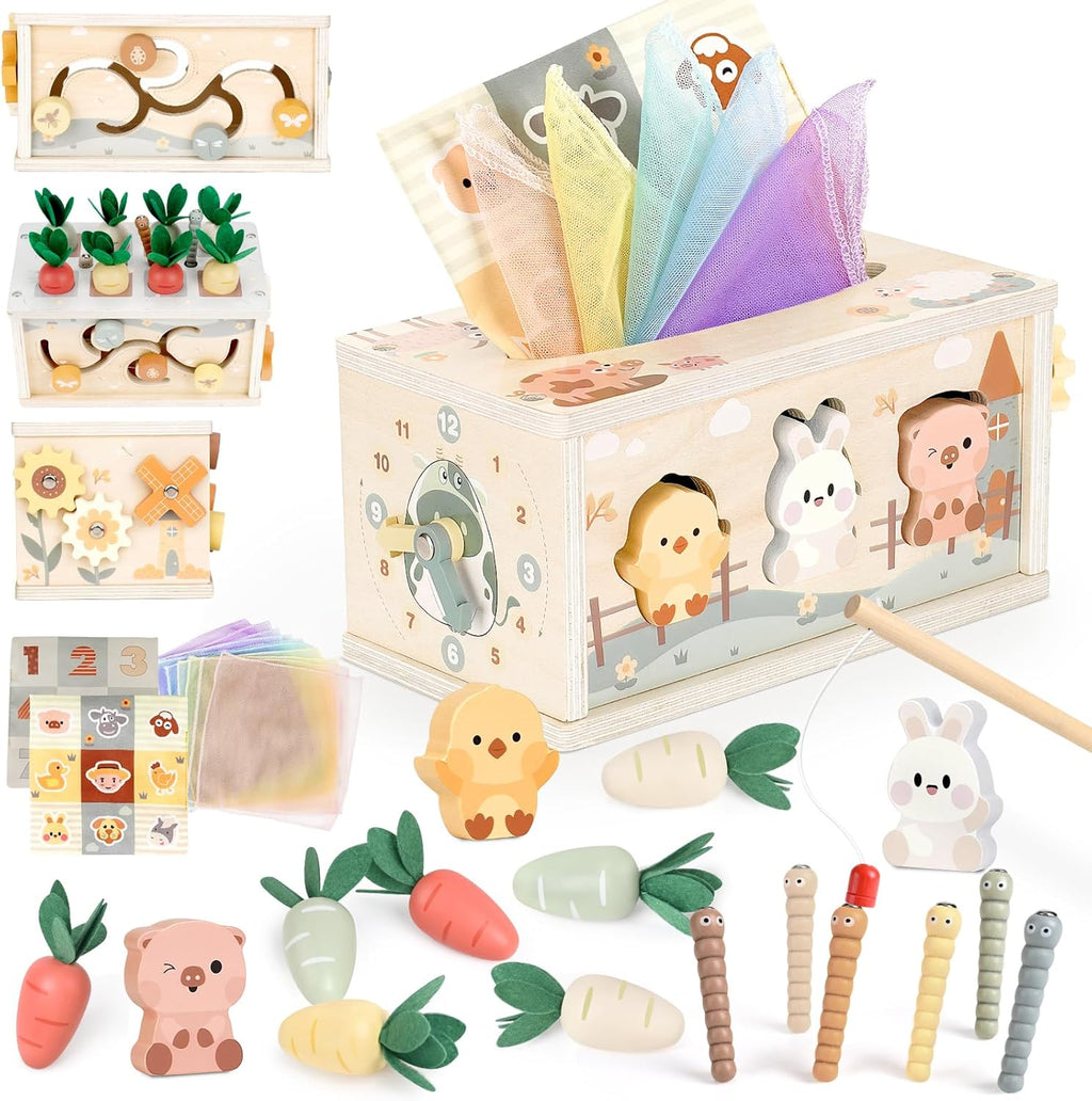 Joyreal - Caja de pañuelos Montessori 8 en 1, juguetes para más de 1 año, cubo de actividades de madera