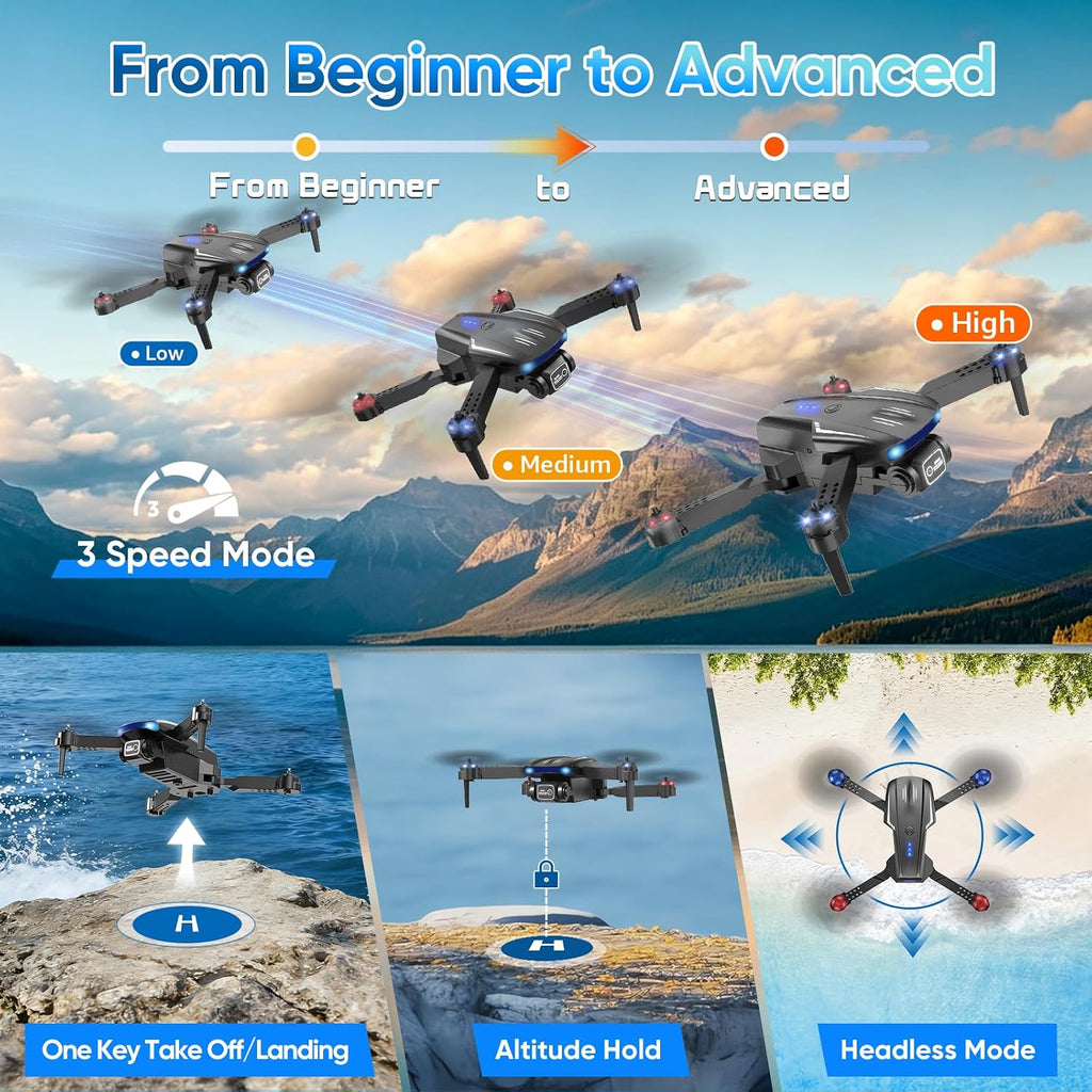Drone 1080P con cámara para niños y adultos, dron plegable fácil de volar para principiantes, despegue con una tecla, giro de 360°, selfie por gestos, modo sin cabeza, 2 baterías