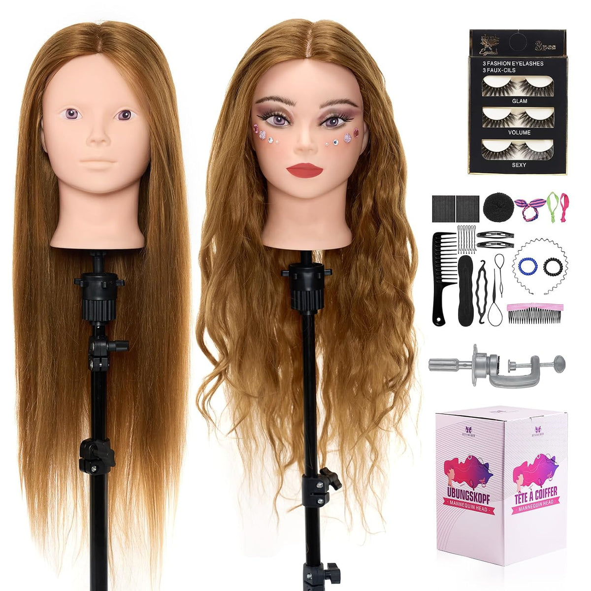 Cabeza de maniquí con 80% cabello humano real, cabezas de maniquí de cabello de 28 pulgadas para maquillaje, cabeza de muñeca de peluquería trenzada para peinar con abrazadera de mesa + juego de