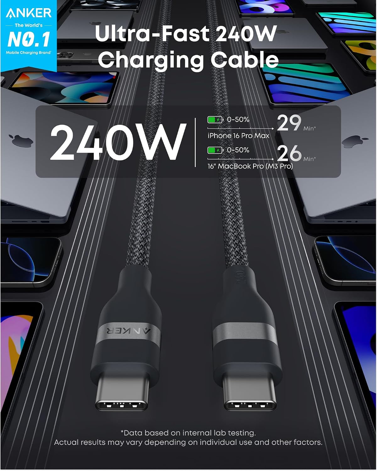 Anker Cable Nano USB C a USB C, cable de carga rápida de 240 W (negro