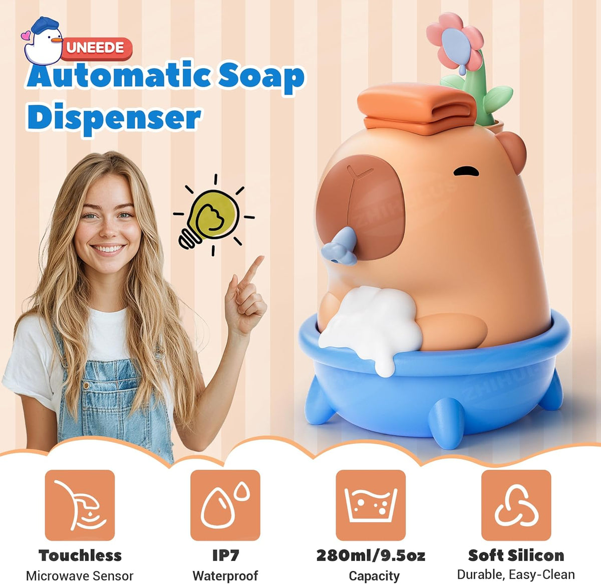 Capybara - Dispensador de jabón de manos, espuma automática sin contacto con sensor avanzado, IP7 impermeable, portátil y recargable para montaje en pared, 9.5 onzas, bonita silicona suave para