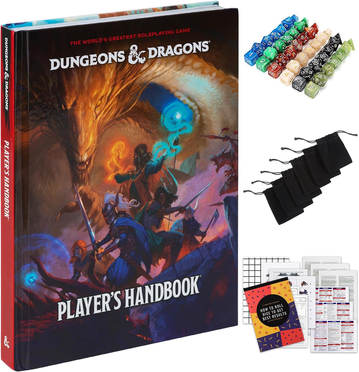 CraftyCrocodile Manual del Jugador de Dungeons and Dragons 2024 Incluido con 6 Juegos de Dados DND, Bolsas de Franela, Kit Completo Imprimible - Libro de Reglas Básicas con Accesorio de Set de Inicio