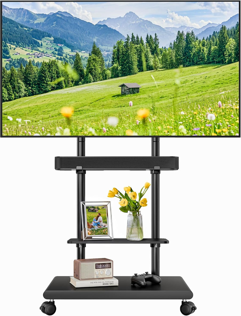Soporte de TV rodante con soporte de barra de sonido para