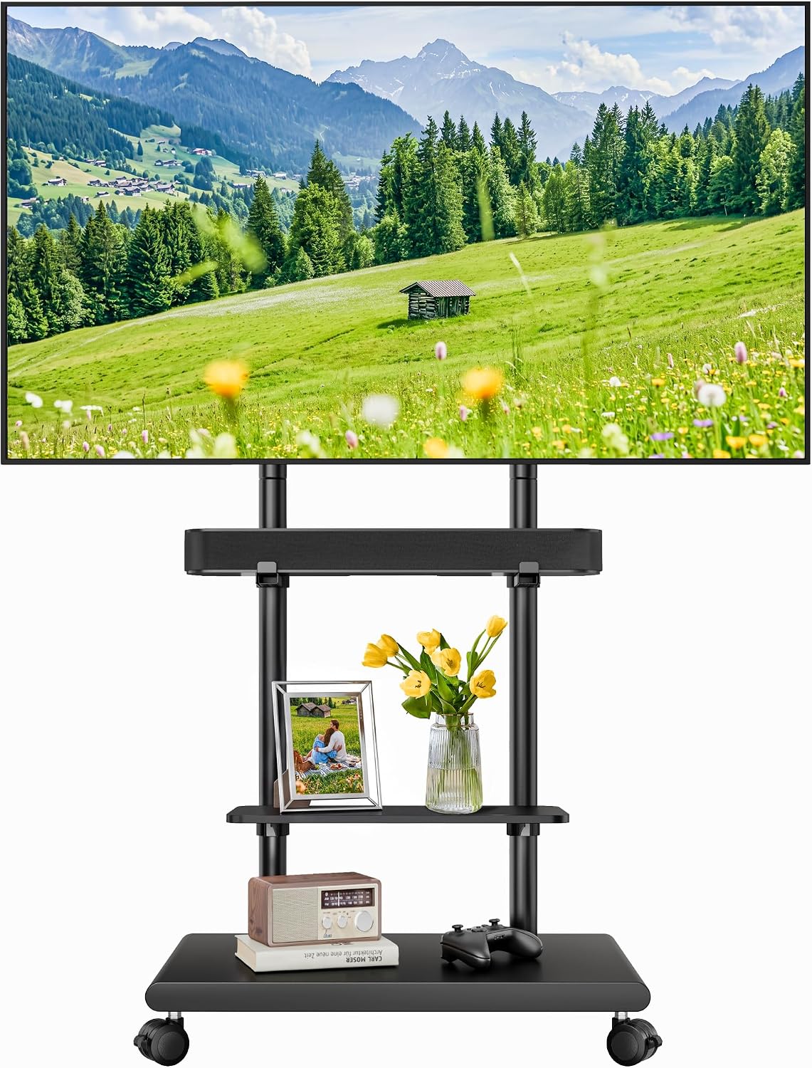 Soporte de TV rodante con soporte de barra de sonido para