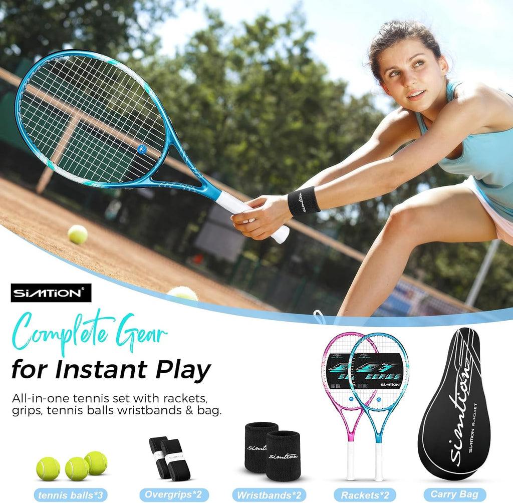 Juego de raquetas de tenis de 27 pulgadas, raquetas de tenis preencordadas para 2 jugadores para adultos, 2 cintas de sobreagarre, 3 pelotas, 2 pulseras y bolsa de transporte, para