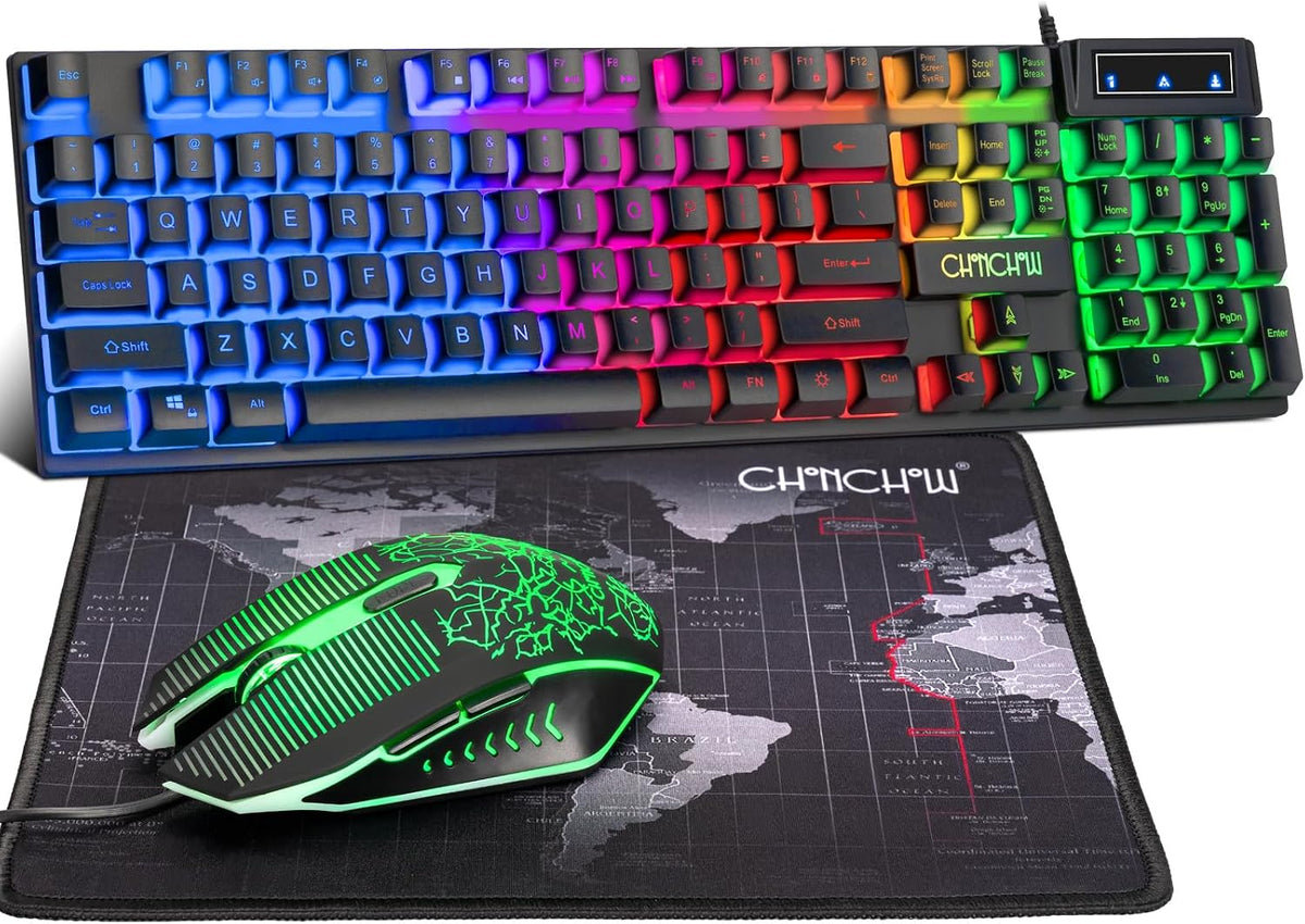 CHONCHOW Teclado y Ratón Gaming con Retroiluminación LED USB Cableado con Iluminación 104 Teclas 3600DPI 2 Botones Laterales Ratón Teclado Sensación Mecánica Compatible con PC Mac OS Xbox Ps4 Ps5 con