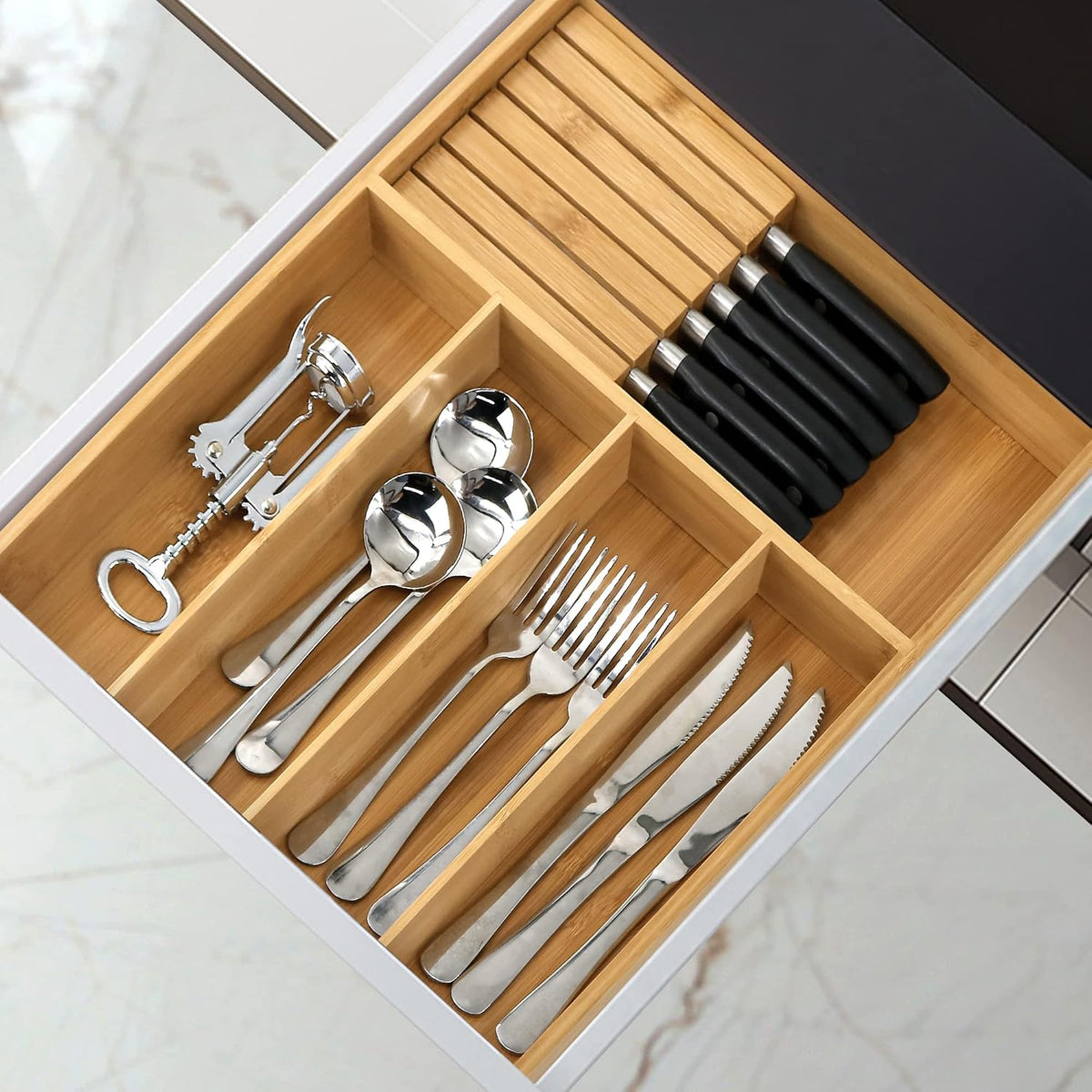 VaeFae Organizador de cajones de cubiertos de bambú, 5 ranuras, natural
