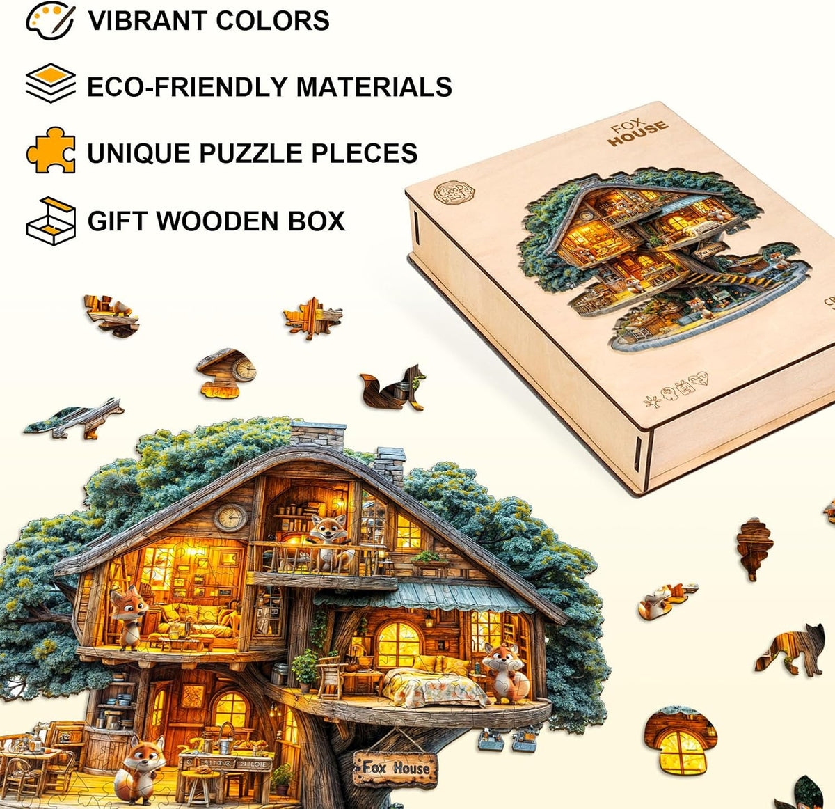 WOODBESTS Rompecabezas de madera para adultos (195 piezas, M, 11.4 * 11.4 pulgadas), rompecabezas de madera Casa del Zorro para adultos, rompecabezas únicos de animales de madera, juego familiar y