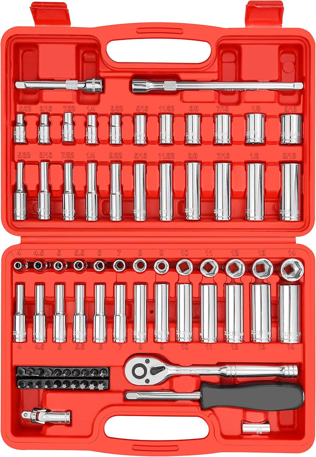 YIYITOOLS Juego de 74 llaves de vaso de 1/4 de pulgada, juego de llaves maestras de 1/4 pulgadas con trinquetes, extensiones con juego de brocas de 1/4 de pulgada, junta universal (5/32 pulgadas -