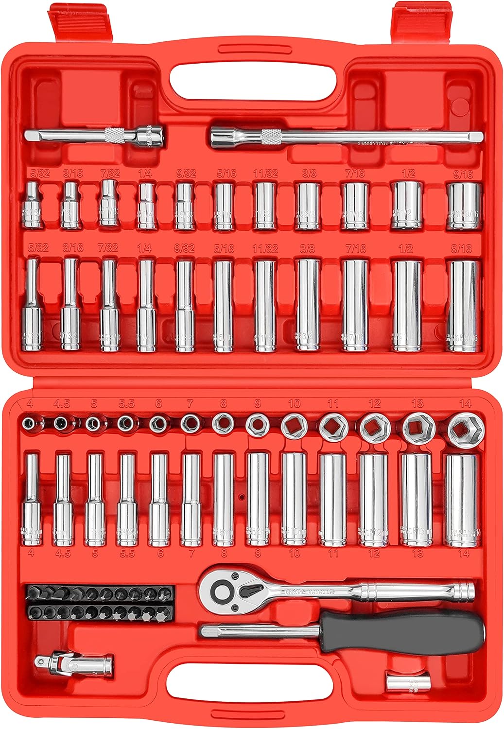 YIYITOOLS Juego de 74 llaves de vaso de 1/4 de pulgada, juego de llaves maestras de 1/4 pulgadas con trinquetes, extensiones con juego de brocas de 1/4 de pulgada, junta universal (5/32 pulgadas -