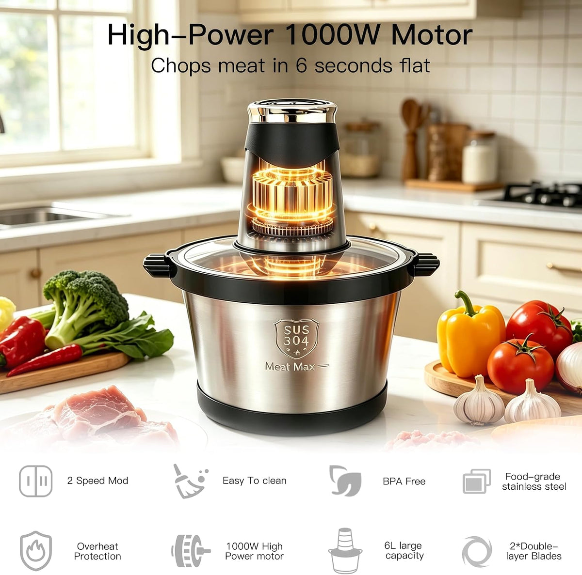 MEGAWISE Procesador eléctrico de alimentos, picadora de carne de 1000 W y