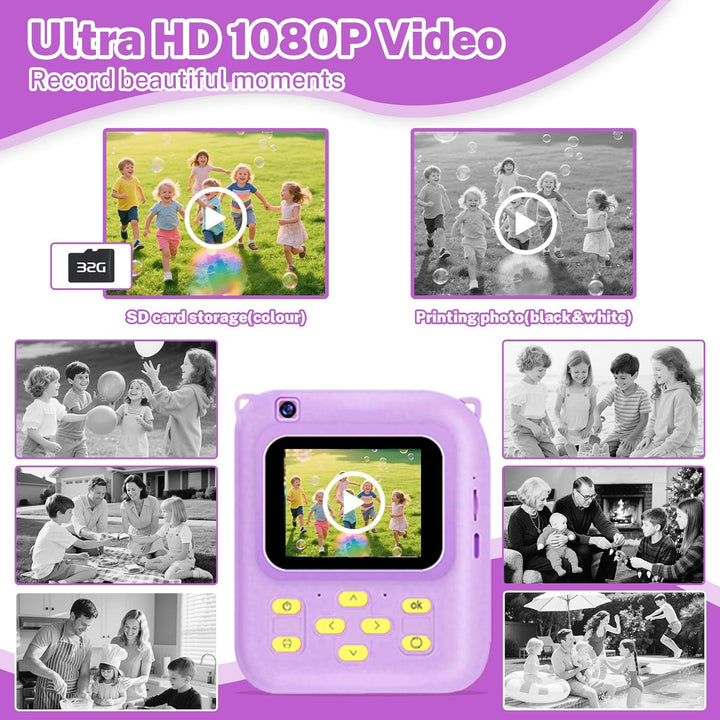Cámara de impresión instantánea para niños, cámara de video 1080P c...