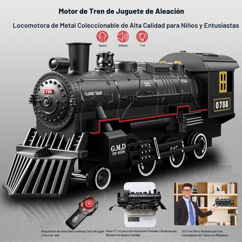 Juego de tren eléctrico con control remoto para niños, aleación de metal, juguetes de tren de Navidad, locomotora de vapor, vagones de pasajeros, pistas de lujo, luces y sonidos, recargable, regalos