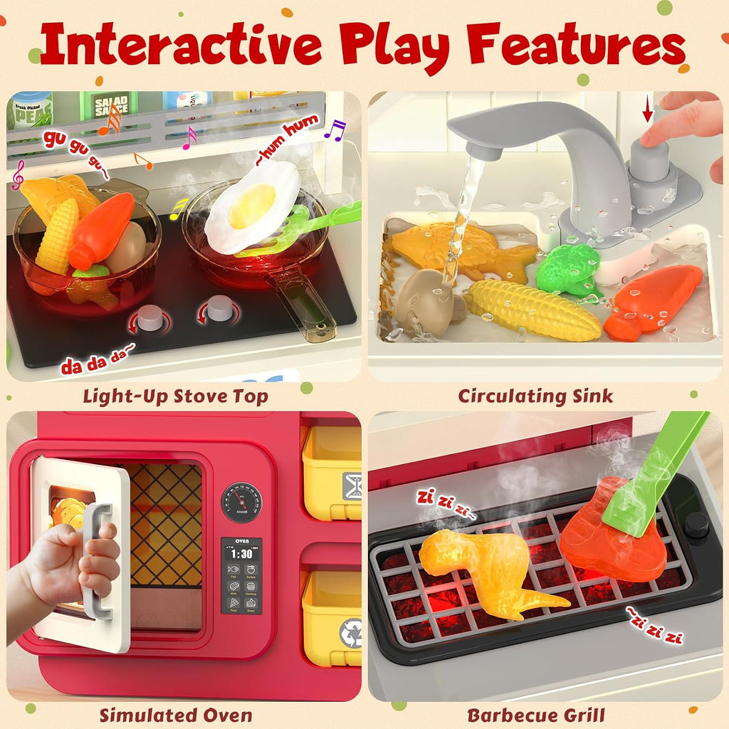 Juego de cocina para niños con luces, sonidos y vapor, juego de cocina grande para niños pequeños con fregadero, parrilla, juegos de comida para niños, accesorios de cocina de juguete, juego de cocina con bolsa de almacenamiento