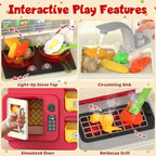 Juego de cocina para niños con luces, sonidos y vapor, juego de cocina grande para niños pequeños con fregadero, parrilla, juegos de comida para niños, accesorios de cocina de juguete, juego de cocina con bolsa de almacenamiento