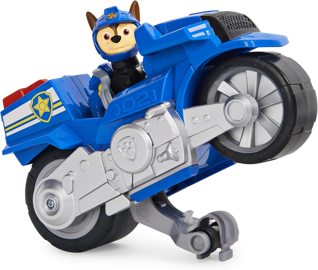 Paw Patrol, Moto Pups Deluxe de Chase, vehículo de motocicleta de tracción que hace piruetas y figura de juguete