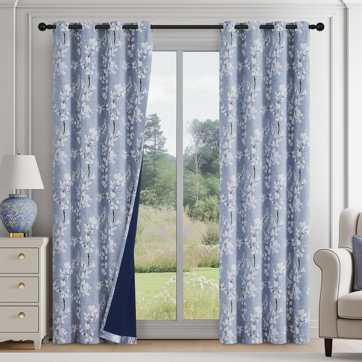 FMFUNCTEX Cortinas florales opacas azules para dormitorio, 84 pulgadas, 2