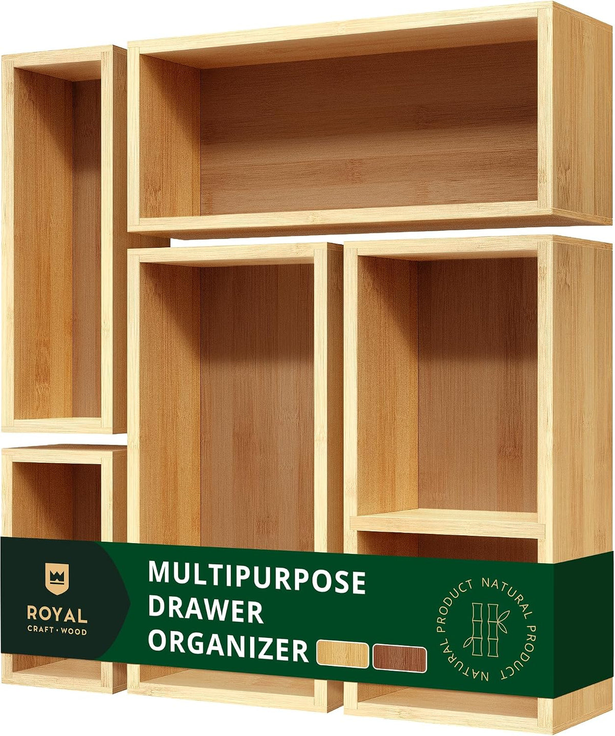 ROYAL CRAFT WOOD Juego de organizador de cajones de bambú de 5 piezas, bandejas de almacenamiento multiusos para cocina, baño, oficina, maquillaje, joyas y más, bandeja de cajón de basura, soporte