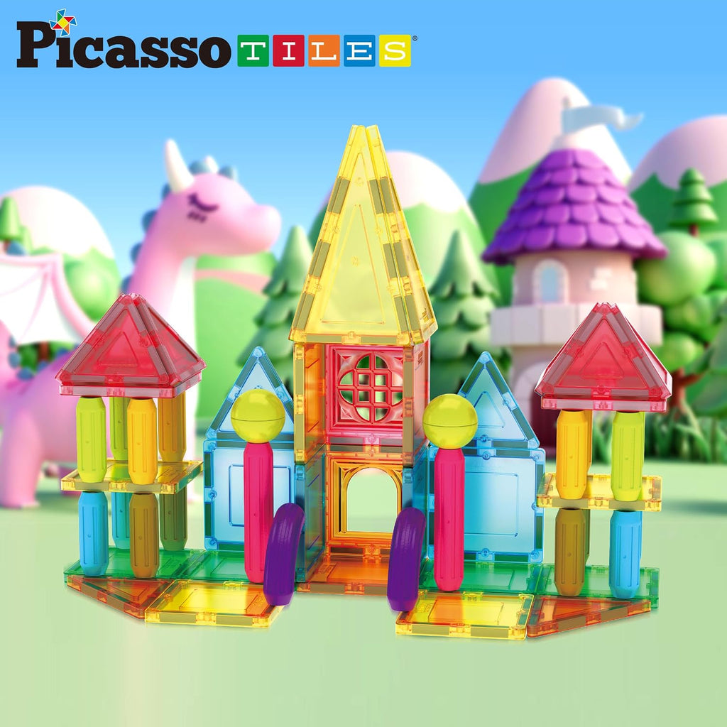 PicassoTiles 82 piezas de palos magnéticos y azulejos magnéticos de construcción de bloques de construcción para niños pequeños, bolas magnéticas de juguete de aprendizaje STEM y más de 3 años para niños y niñas de educación temprana