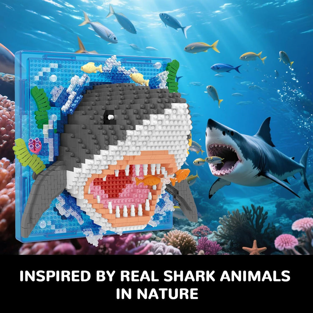 Juego de microbloques de construcción de diseño de animales de tiburón 3D, decoración única de pared para el hogar o exhibición de mesa, no compatible con Lego, juguete de regalo ideal para adultos y niños y niñas de 14 años en adelante (1644 piezas)